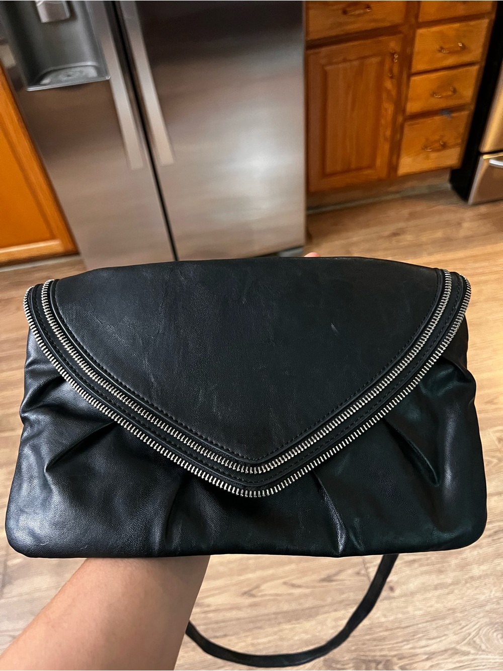Nine West Black Leather Envelope Clutch with Silver Trim